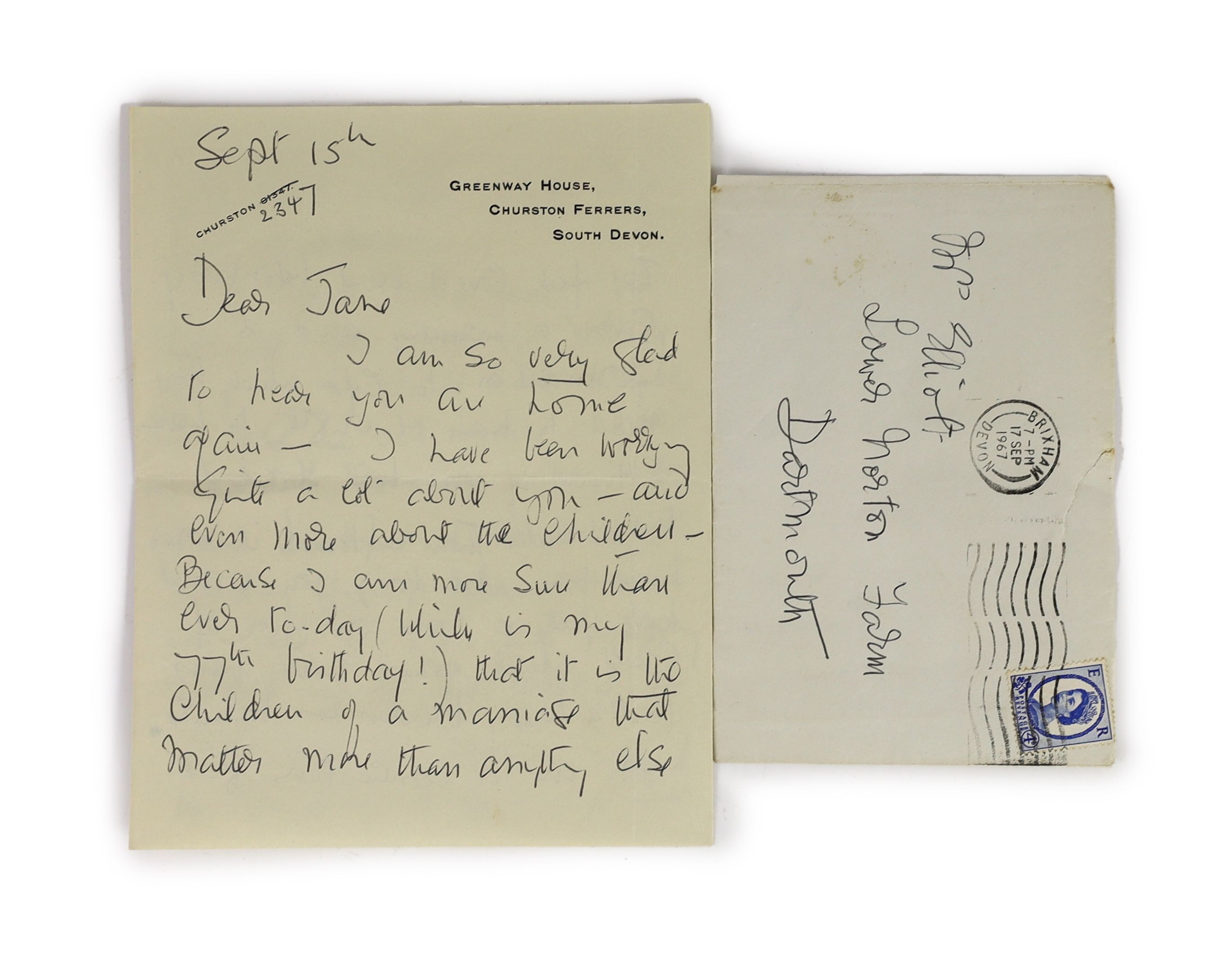 A manuscript letter from Agatha Christie to Mrs Elliot on Greenway notepaper